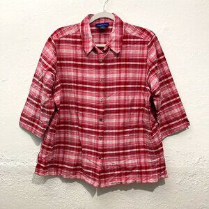 Charter Club Women's Silk Button Up Shirt 3/4 Sleeve Plaid Red Size 1X